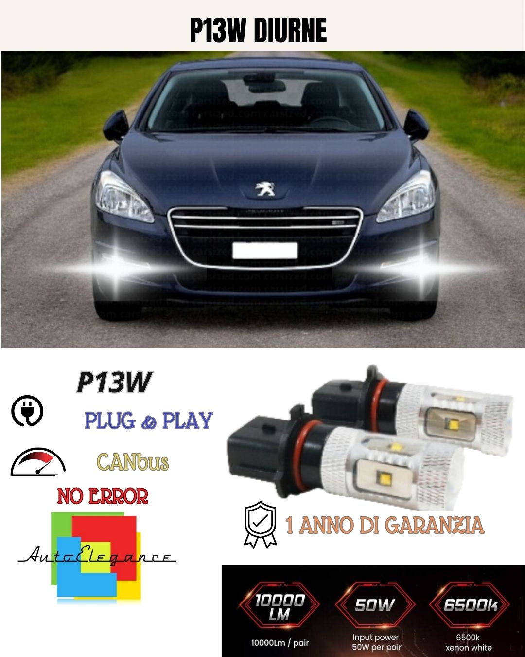 COPPIA LAMPADE P13W LED DRL LUCI DIURNE PEUGEOT 508 CANBUS 6000K NO ERROR
