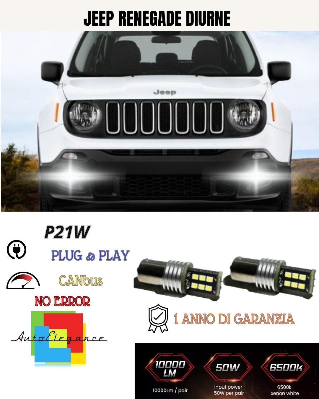 COPPIA LUCI DIURNE DRL 15 LED P21W BAY15D CANBUS JEEP RENEGADE 6000K NO ERRORE