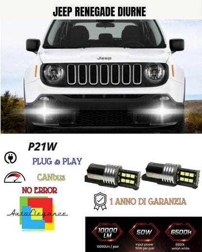 COPPIA LUCI DIURNE DRL 15 LED P21W BAY15D CANBUS JEEP RENEGADE 6000K NO ERRORE
