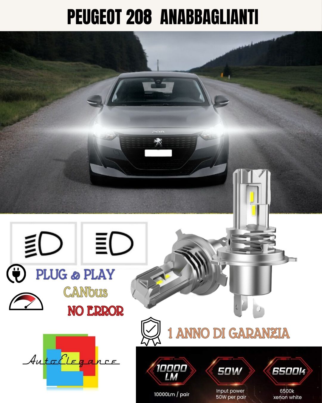 KIT LAMPADE ANABBAGLIANTI LED PEUGEOT 208 LAMPADE LED H7 6000K BIANCO NO ERROR