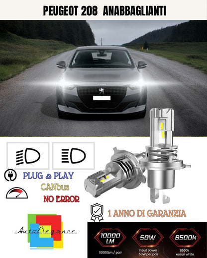 KIT LAMPADE ANABBAGLIANTI LED PEUGEOT 208 LAMPADE LED H7 6000K BIANCO NO ERROR