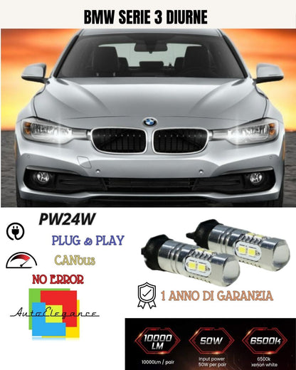 COPPIA LAMPADE DIURNE DRL 10 LED PW24W CANBUS BMW SERIE 3 F30 F31 6000K NO ERROR