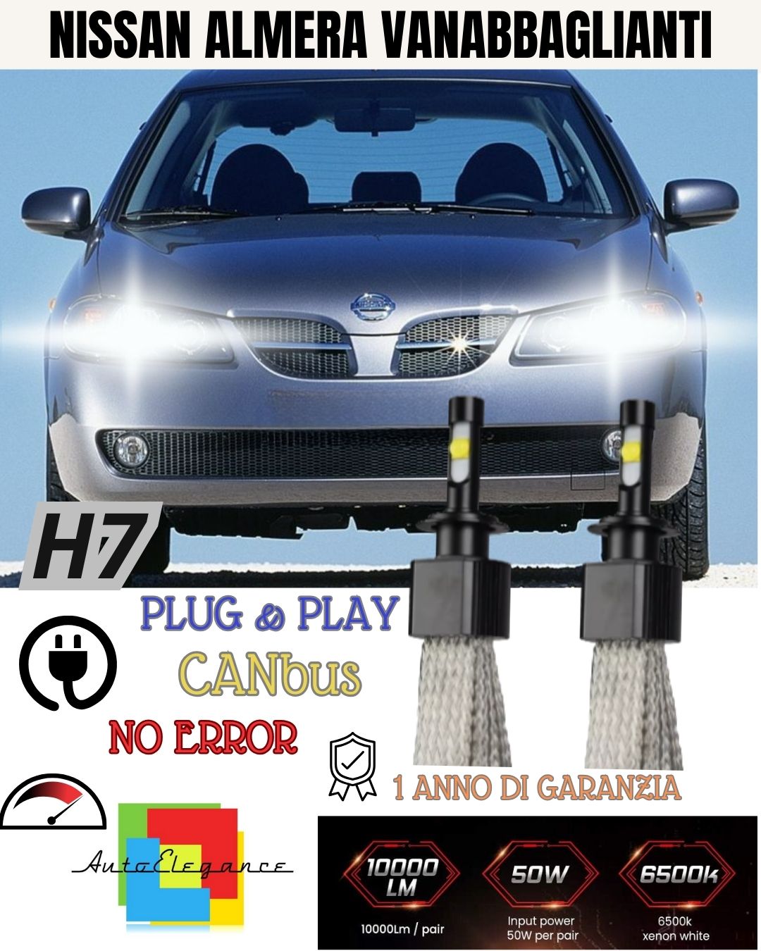 KIT LED H7 PER NISSAN ALMERA MK2 DAL 08/2002 6000K ABBAGLIANTI 6400 LUMEN 6000K