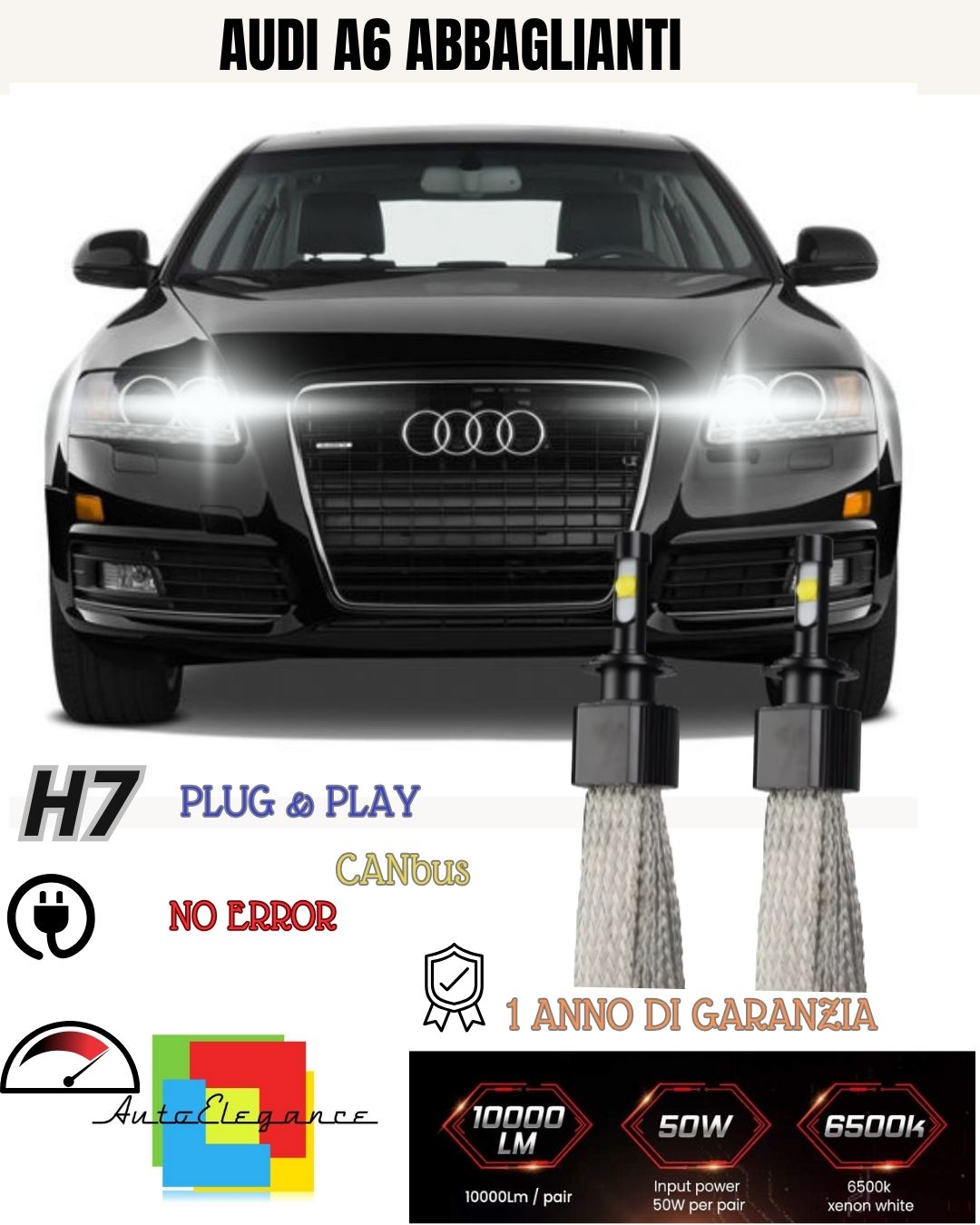 H7 LED KIT AUDI A6 C5 UP TO 2001 6000K WHITE HIGH BEAM 6400 LUMEN NO FAILURE