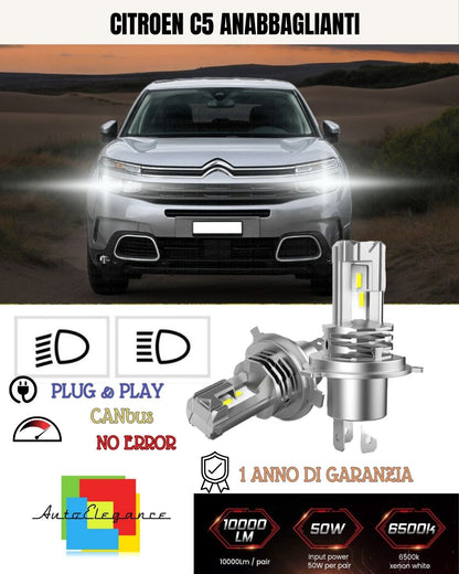 KIT LED H7 CITROEN C5 AIRCROSS 8000 LUMEN 6500K ANABBAGLIANTI CANBUS BIANCO