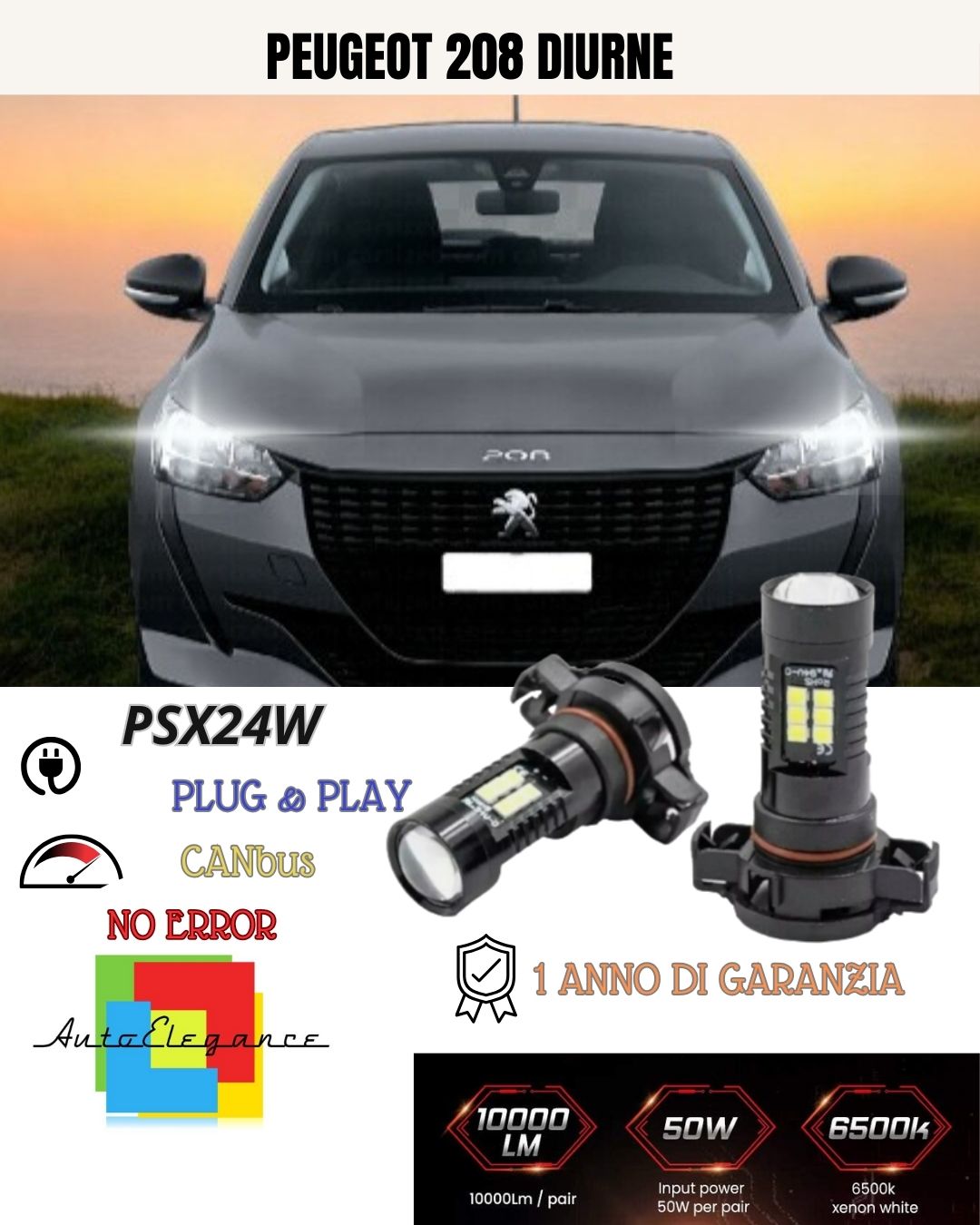 😍 COPPIA LAMPADE FENDINEBBIA PSX24W LED CANBUS 🥰 PEUGEOT 208 6000K 🥰