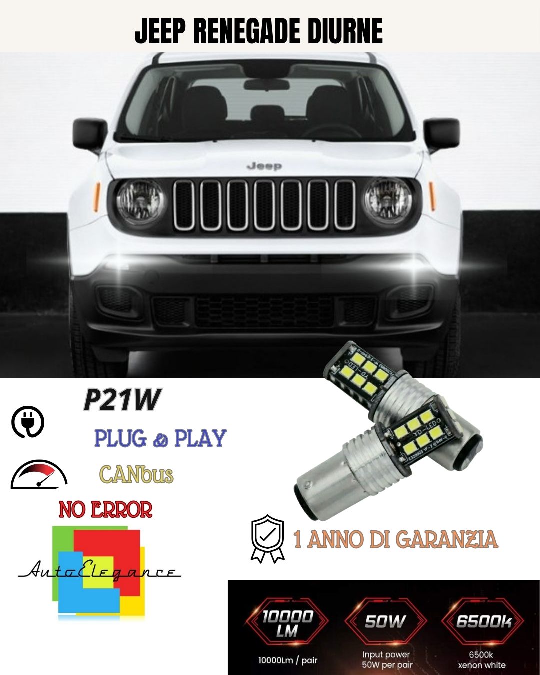 🥰COPPIA LUCI DIURNE DRL 15 LED P21W BAY15D CANBUS JEEP RENEGADE 6000K NO ERRORE