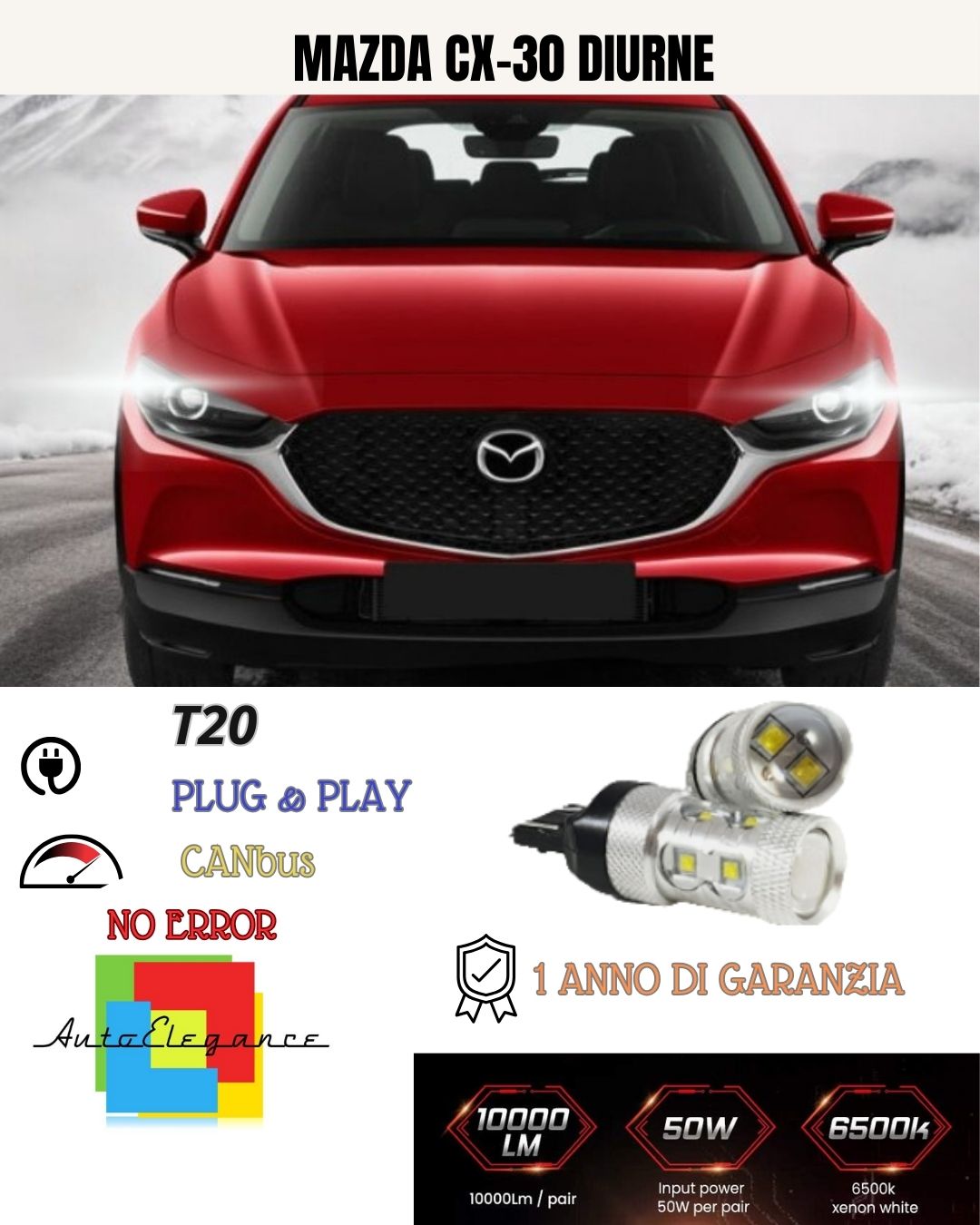 😍COPPIA LUCI DIURNE DRL LED T20 CANBUS MAZDA😍CX-30 6000K BIANCO 100% NO ERRORE