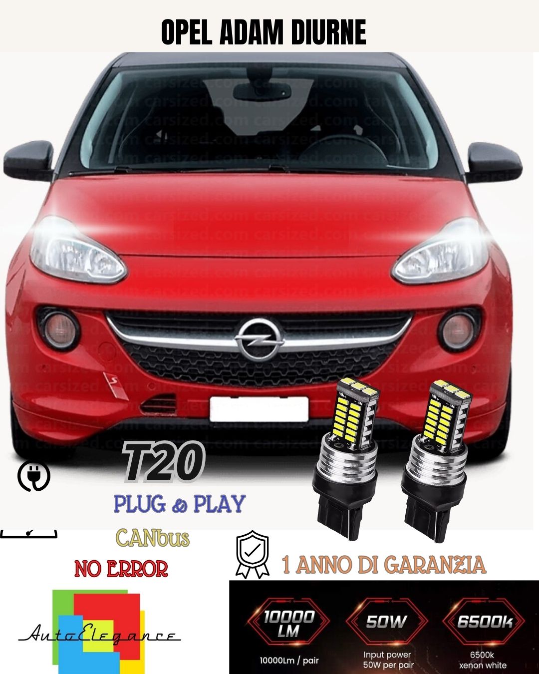 ❤️COPPIA LUCI DIURNE DRL❤️POSIZIONE LED T20 W21/5W OPEL ADAM CANBUS 6000K BIANCO
