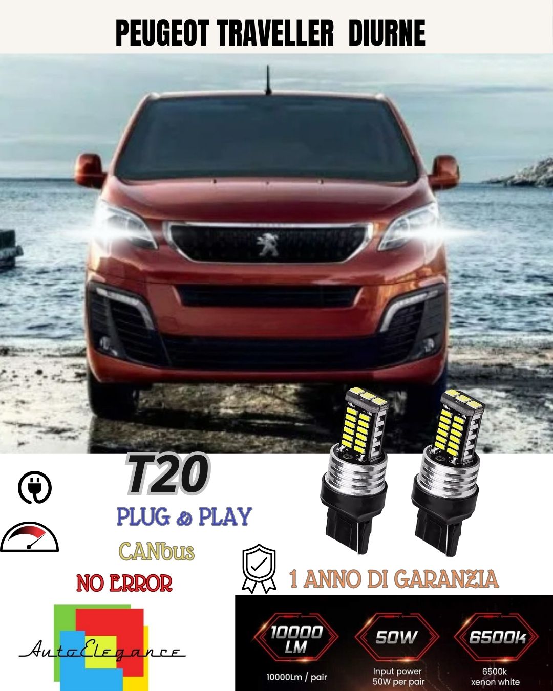 ❤️❤️COPPIA LUCI DIURNE DRL 15 LED T20 CANBUS PEUGEOT TRAVELLER 6000K NO AVARIA❤️