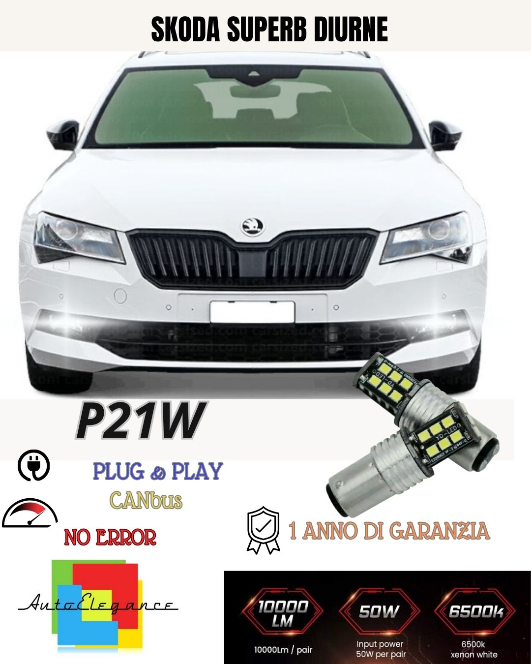 ❤️‍🔥😍COPPIA LAMPADE DIURNE DRL 15 LED P21W CANBUS SKODA SUPERB II 6000K CANBUS