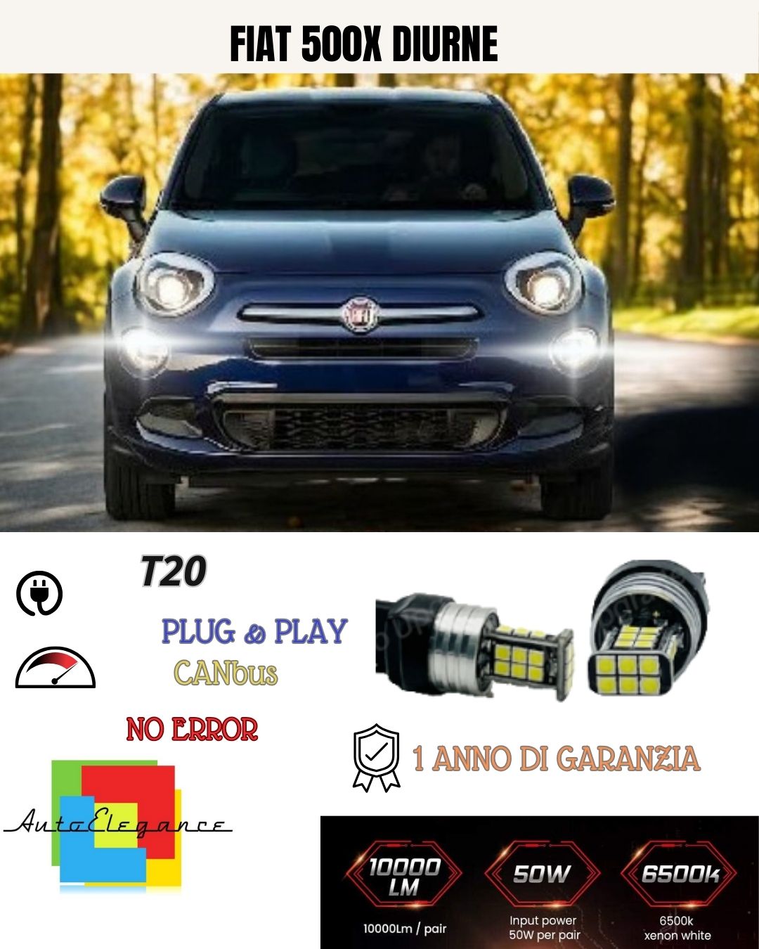 😍COPPIA LUCI DIURNE DRL 15 LED T20 CANBUS😍FIAT 500X MY2017 6000K 100% NO ERROR