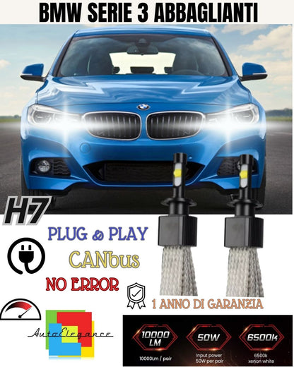 KIT LED H7 BMW SERIE 3 GT F34 6000K NO AVARIA ABBAGLIANTI 6400 LUMEN NO ERROR