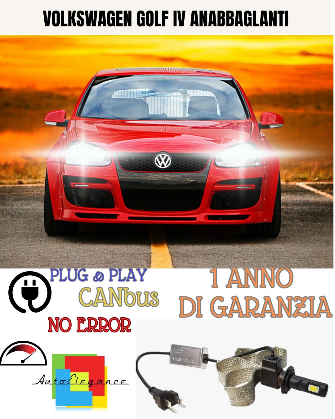 ✨KIT LED H7  VOLKSWAGEN GOLF IV 6000K NO AVARIA  ANABBAGLIANTI 6400 LM ✨