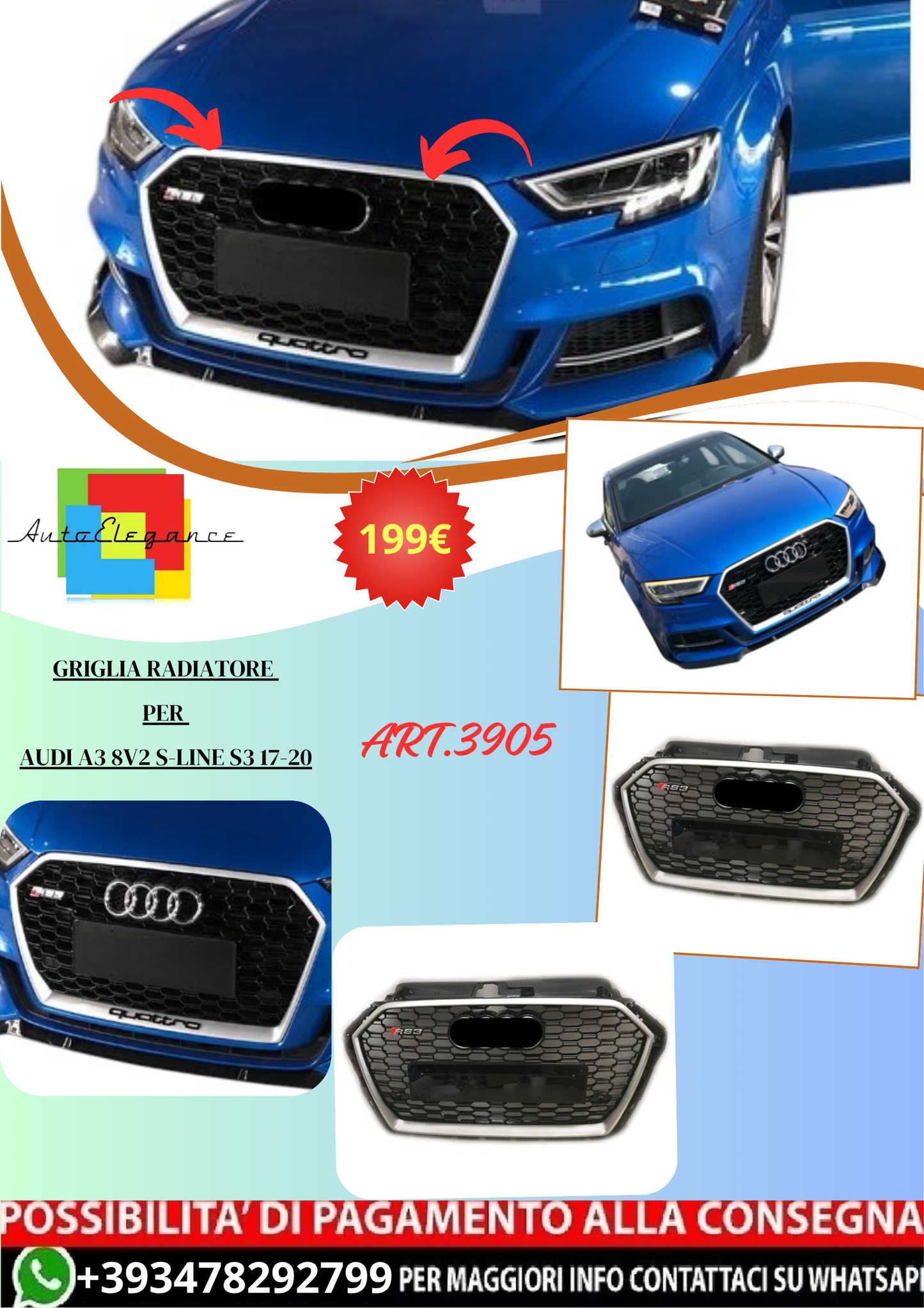 💫ART.3905 Griglia Radiatore per Audi A3 8V2 S-line S3 2017-2020💫