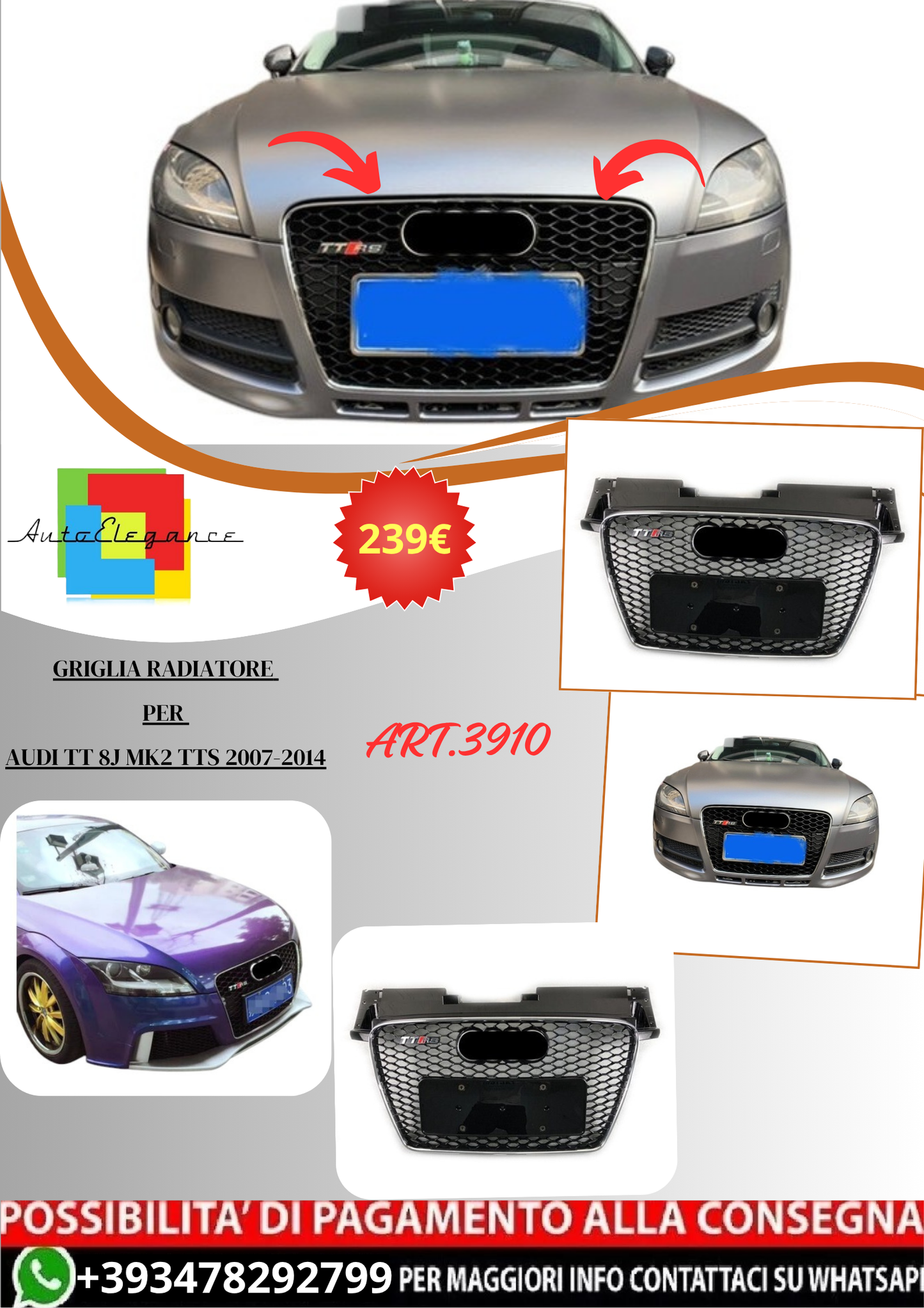 💫ART.3910 Griglia Radiatore per Audi TT 8J MK2 TTS 2007-2014💫