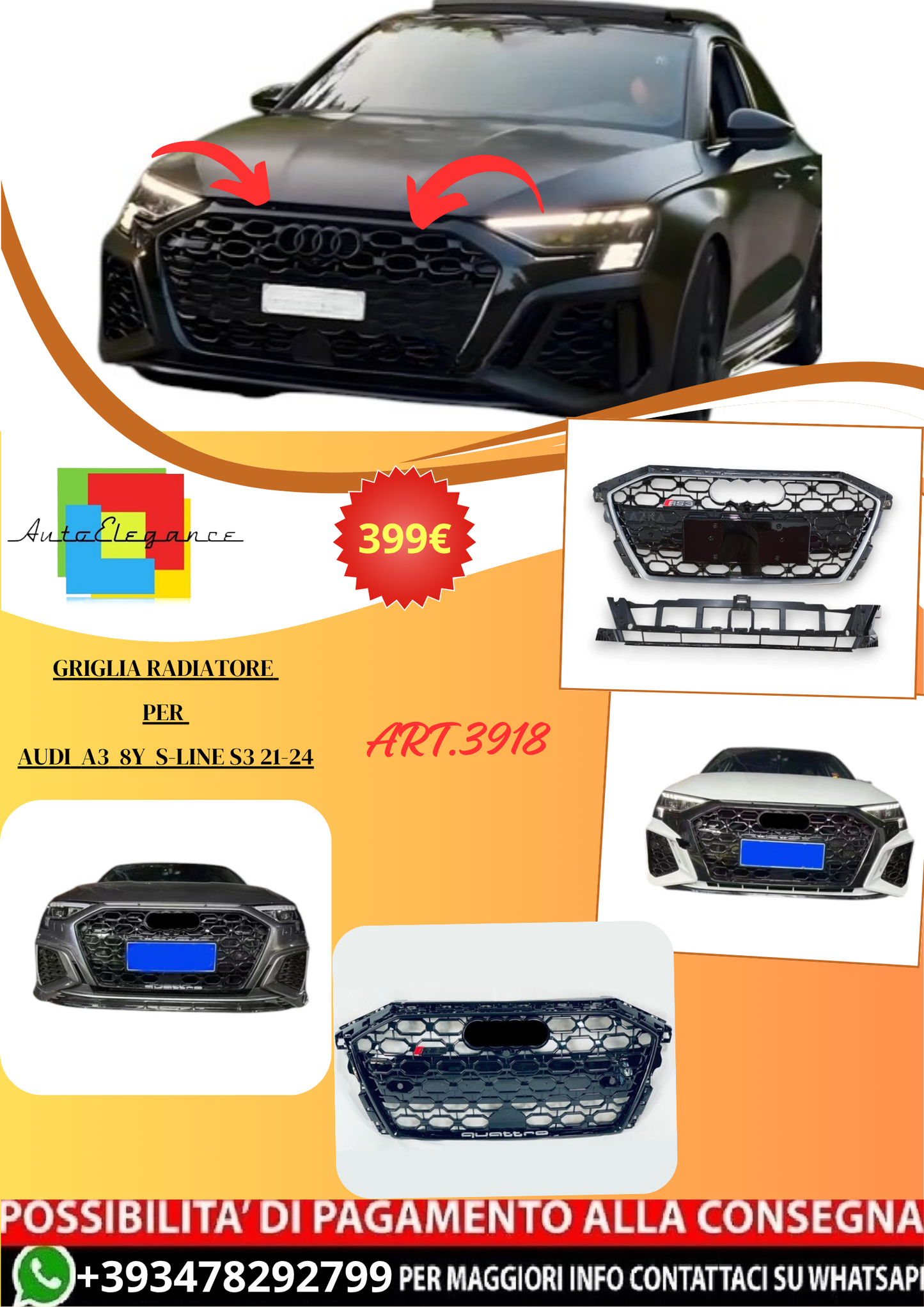 💫ART.3918 Griglia Radiatore per Audi A3 8Y S-line S3 21-24 (Nero Lucido)💫