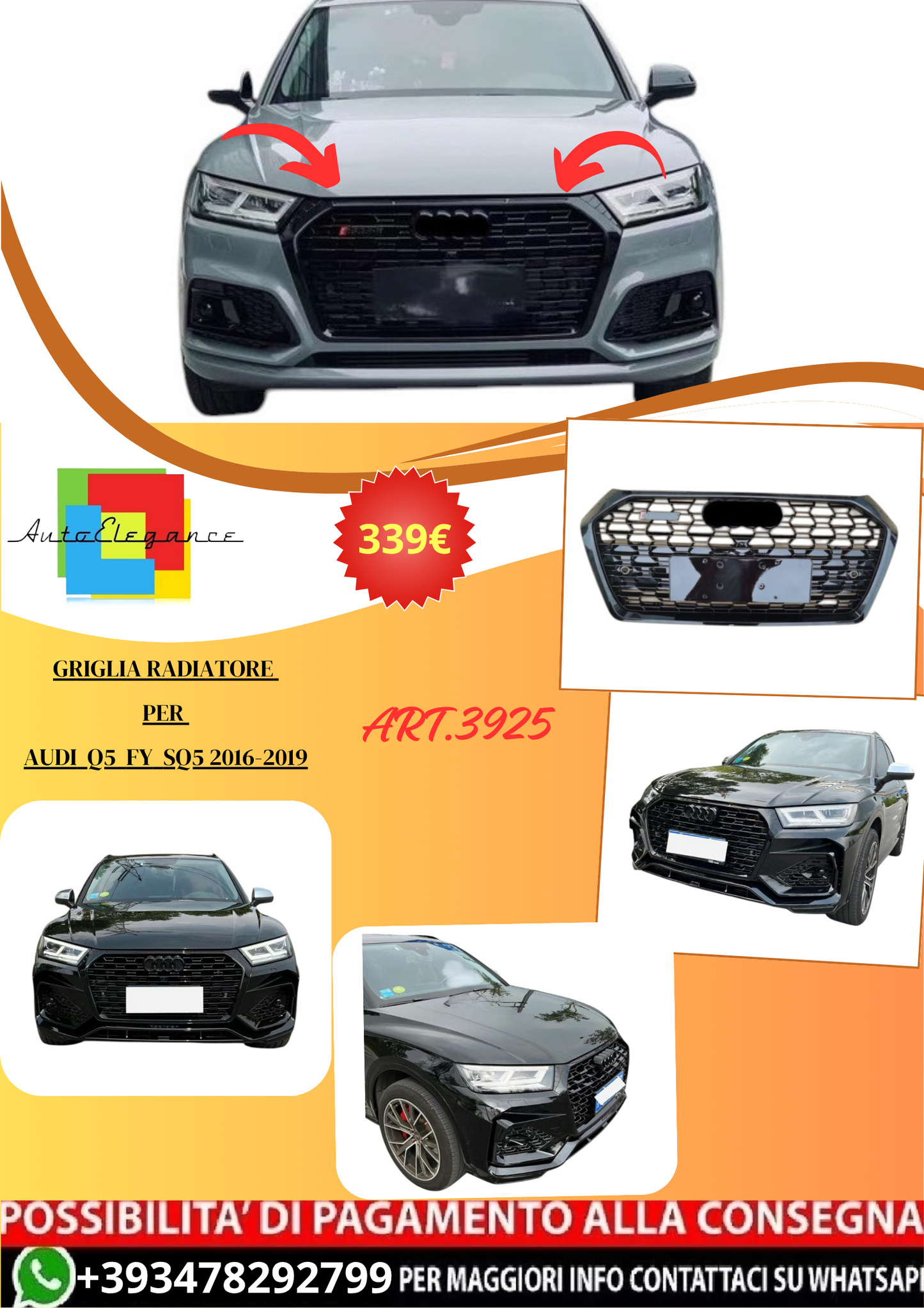 💫ART.3925 Griglia Radiatore per Audi Q5 FY SQ5 2016-2019 (Nero Lucido)💫