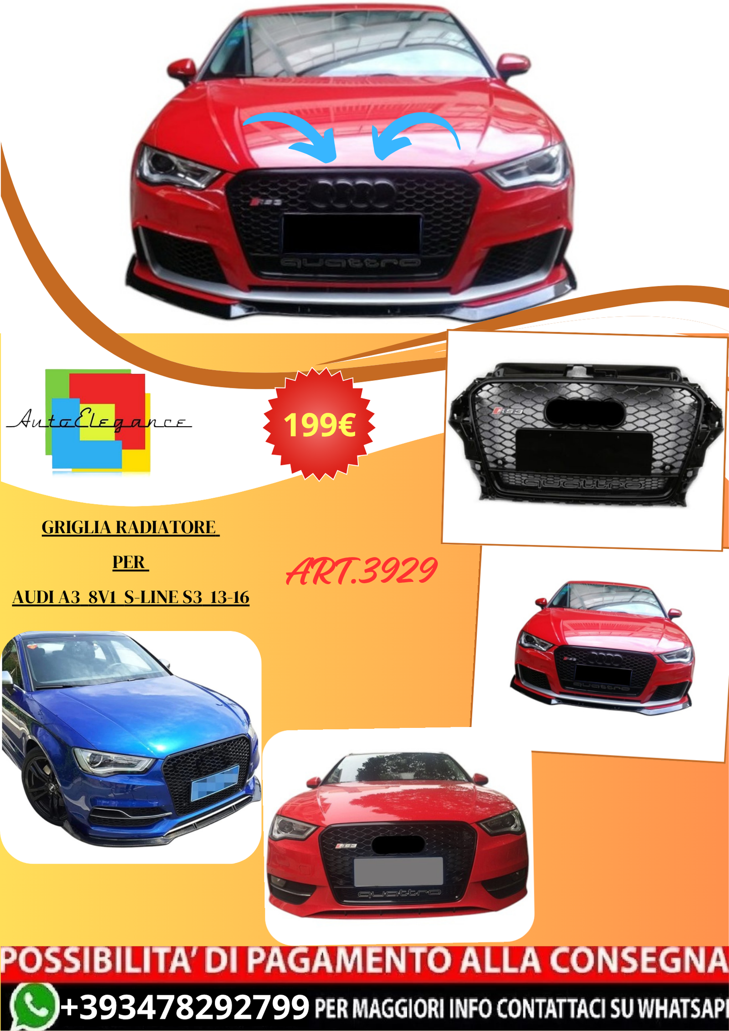 💫ART.3929 Griglia Radiatore per Audi A3 8V1 Sline S3 13-16 (Nero Lucido)💫