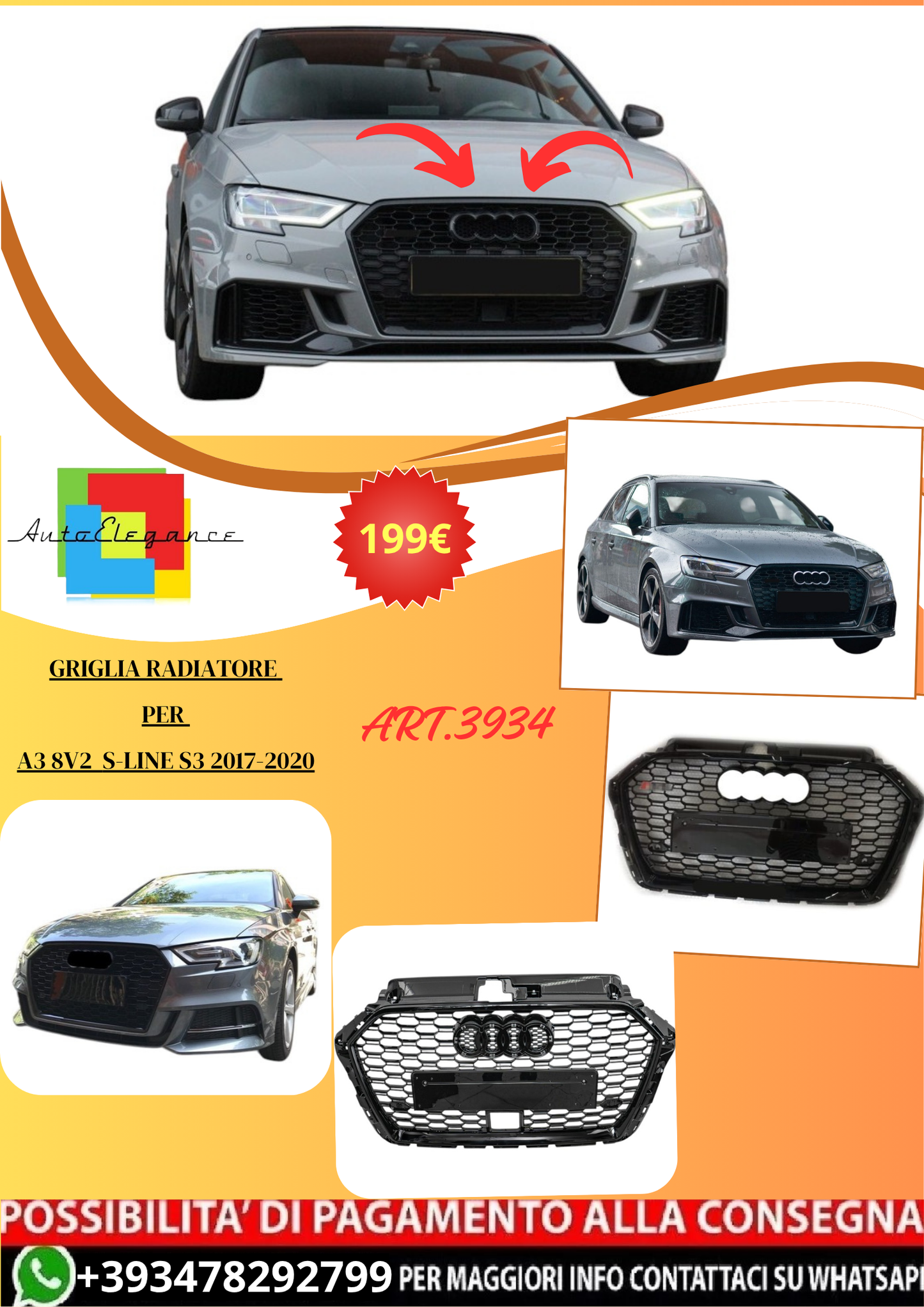 💫ART.3934 Griglia Radiatore per Audi A3 8V2 S-line S3 2017-2020 (Nero Lucido)💫
