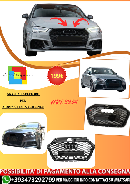 💫ART.3934 Griglia Radiatore per Audi A3 8V2 S-line S3 2017-2020 (Nero Lucido)💫