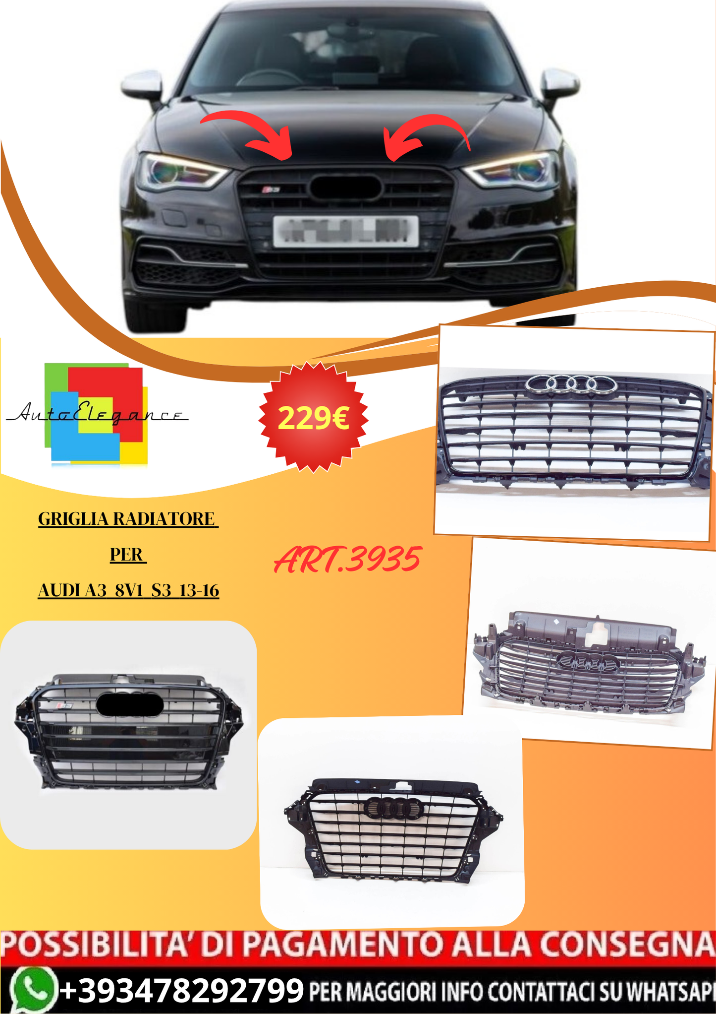 💫ART.3935 Griglia Radiatore per Audi A3 8V1 S3 13-16 (Nero Lucido)💫