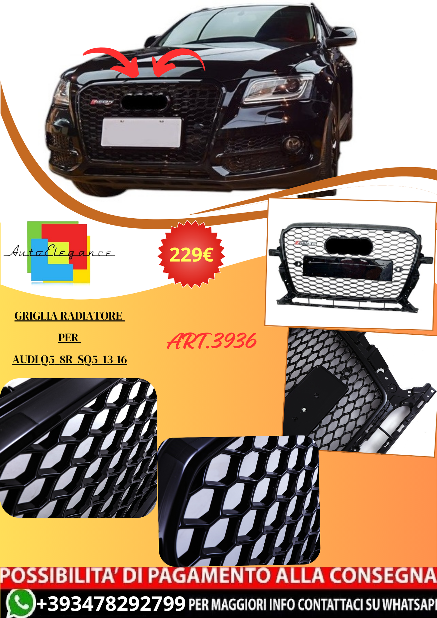 💫ART.3936 Griglia Radiatore per Audi Q5 8R SQ5 13-16 (Nero Lucido)💫