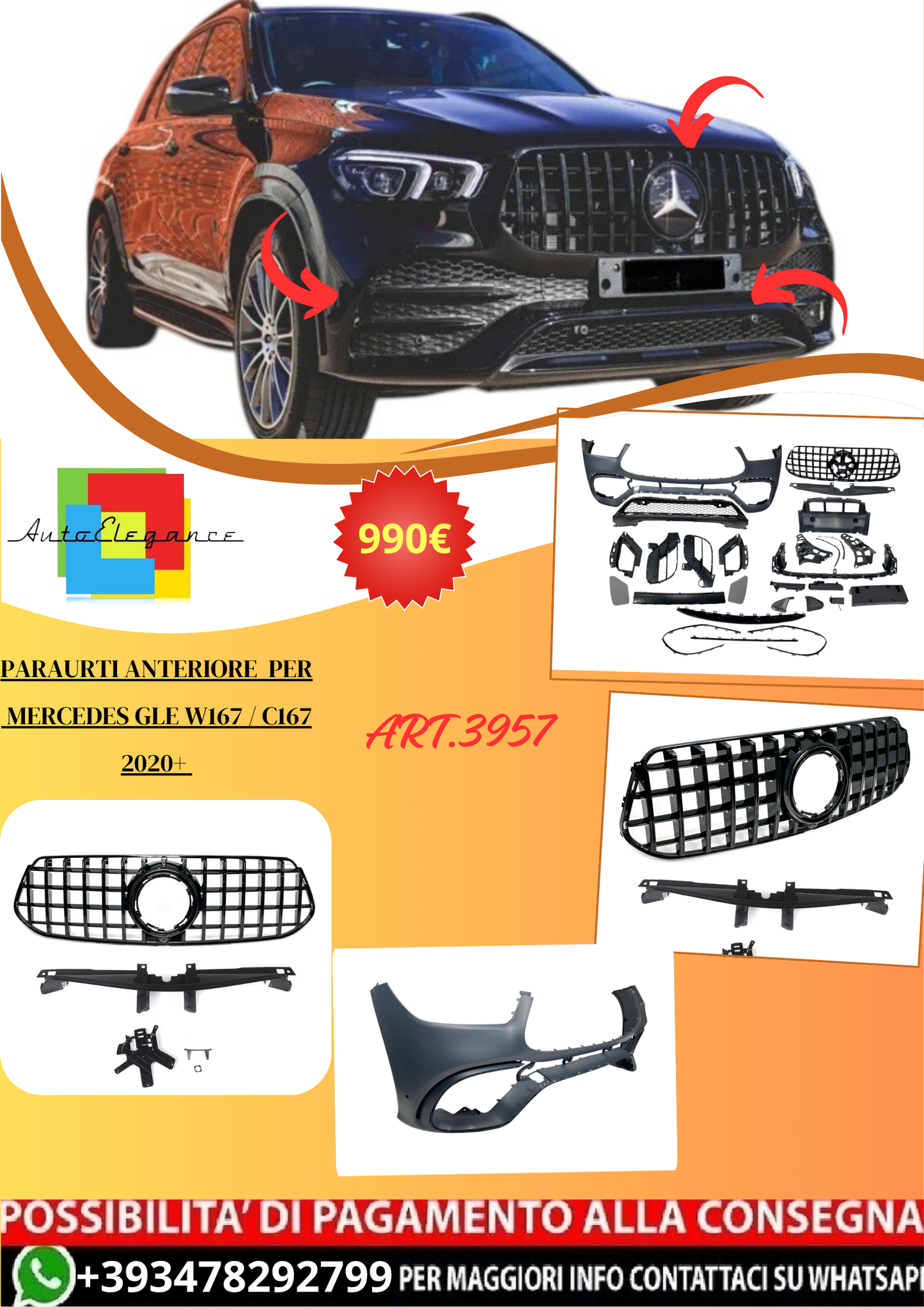 💫ART.3957 Paraurti Anteriore Mercedes GLE W167 / C167 2020+ look AMG💫
