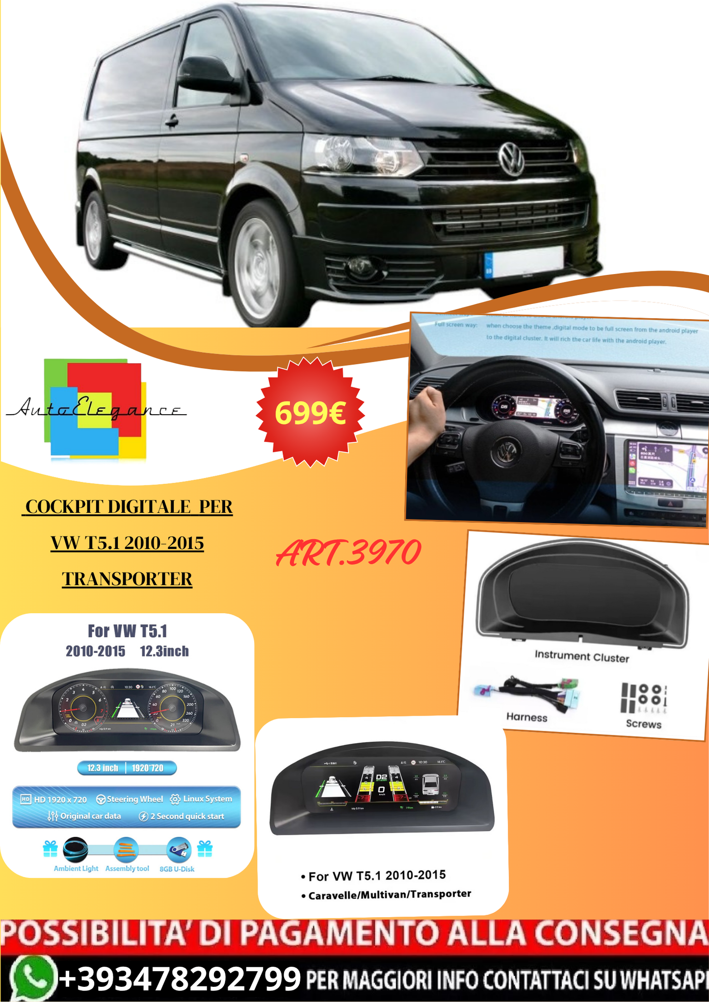 💫ART.3970 Cockpit digitale LCD per VW T5.1 2010-2015 Caravel le / Transporter💫