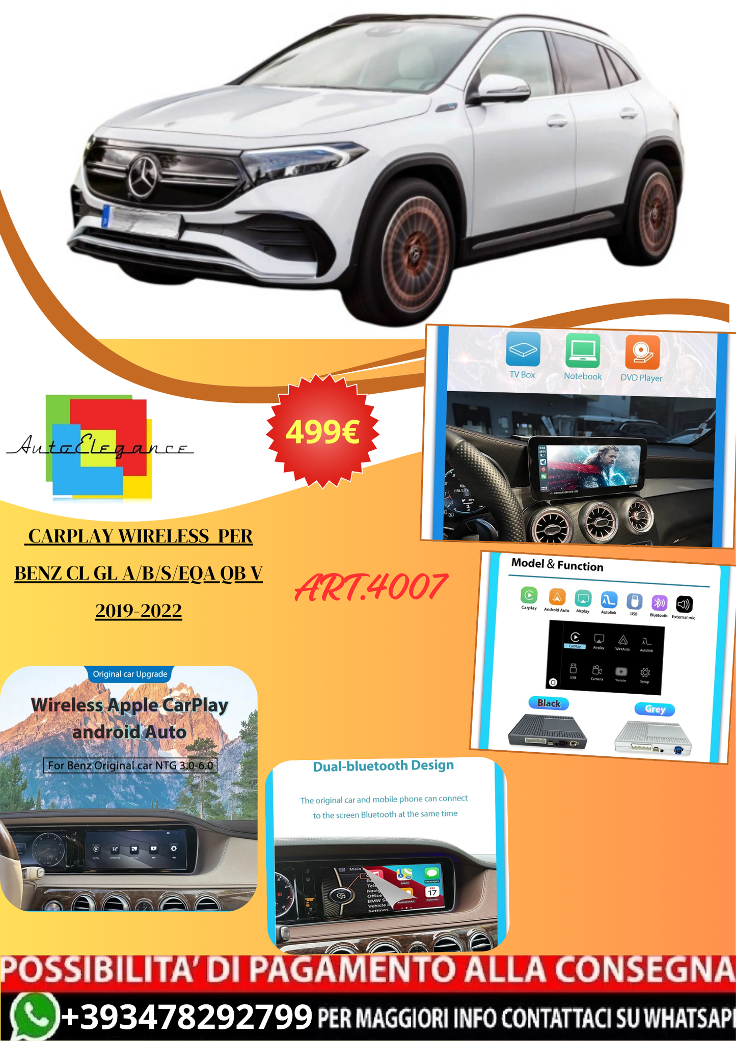 💫ART.4007 CarPlay Wireless Benz CL GL A/B/S/EQA QB V 2019-2022💫