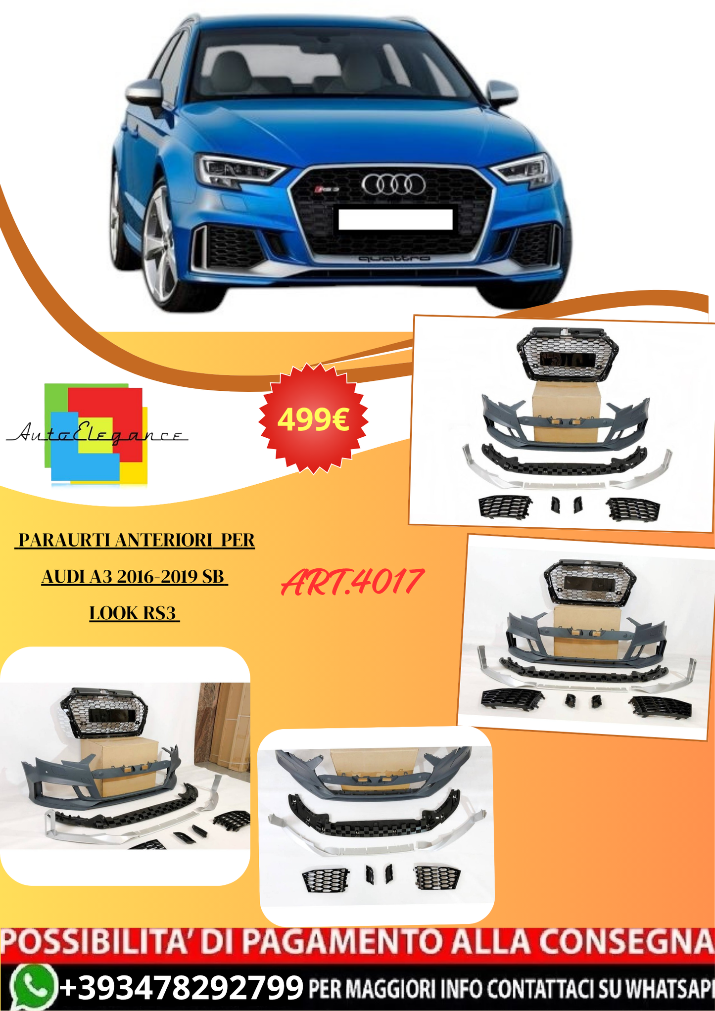 💫ART.4017 Paraurti Anteriori per Audi A3 2016-2019 Sportback Look RS3💫