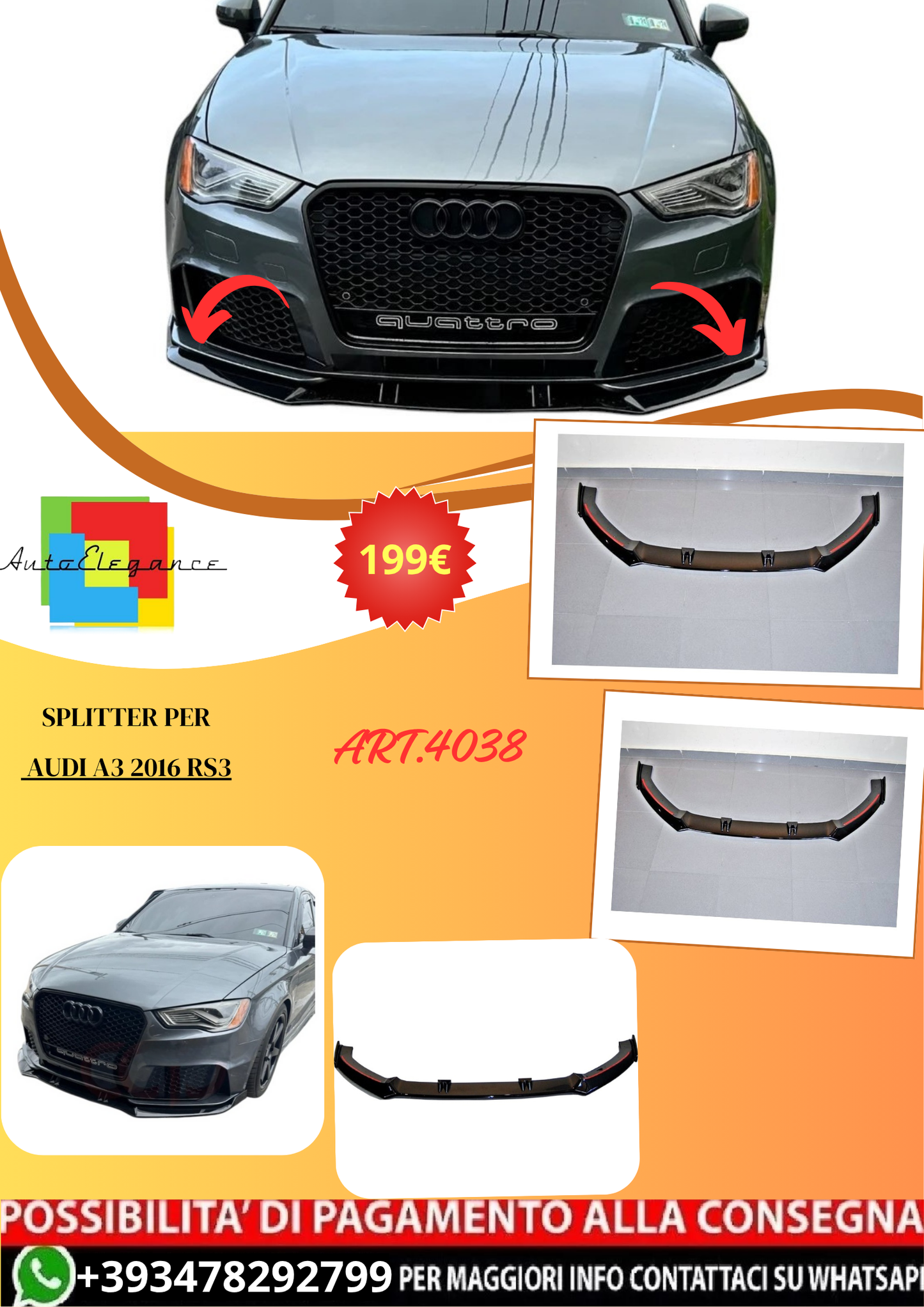 💫ART.4038 Splitter per Audi A3 2016 look RS3💫