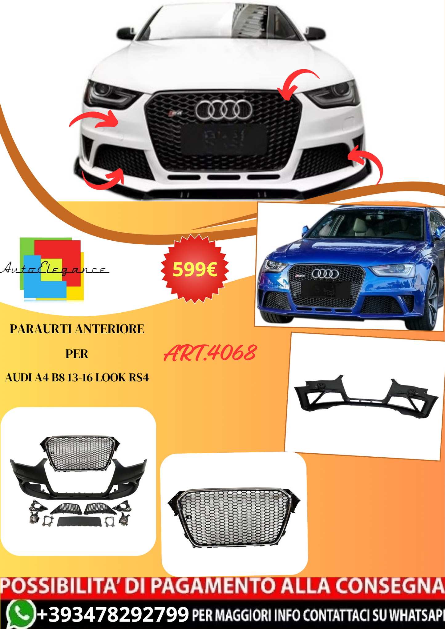 💫ART.4068 Paraurti Anteriore per Audi A4 B8 13-16 Look RS4💫