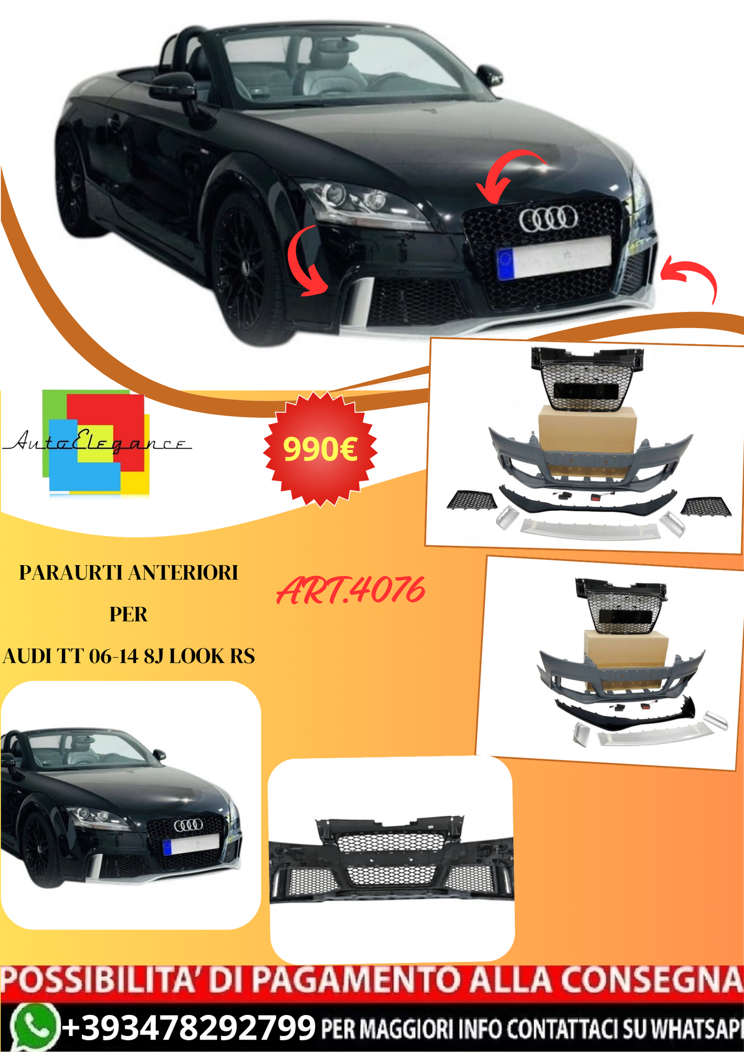 💫ART.4076 Paraurti Anteriori per Audi TT 06-14 8J Look RS💫