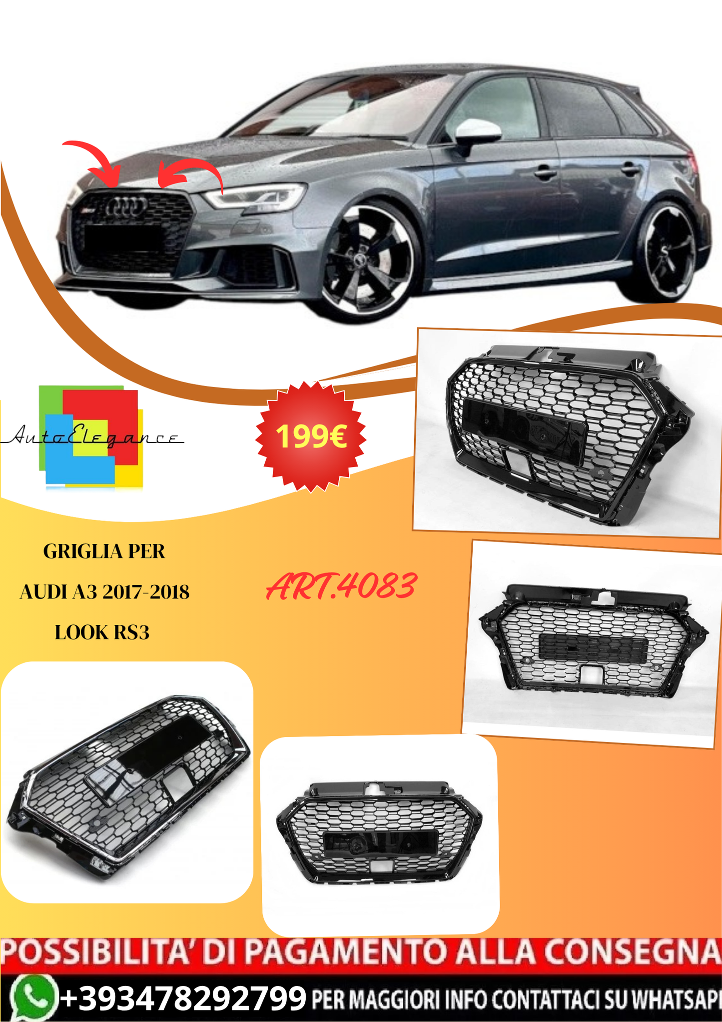 💫ART.4083 Griglia per Audi A3 2017-2018 Look RS3💫