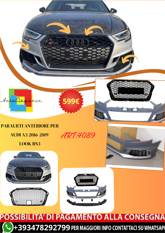 💫ART.4089 Paraurti Anteriore per Audi A3 2016-2019 LOOK RS3💫