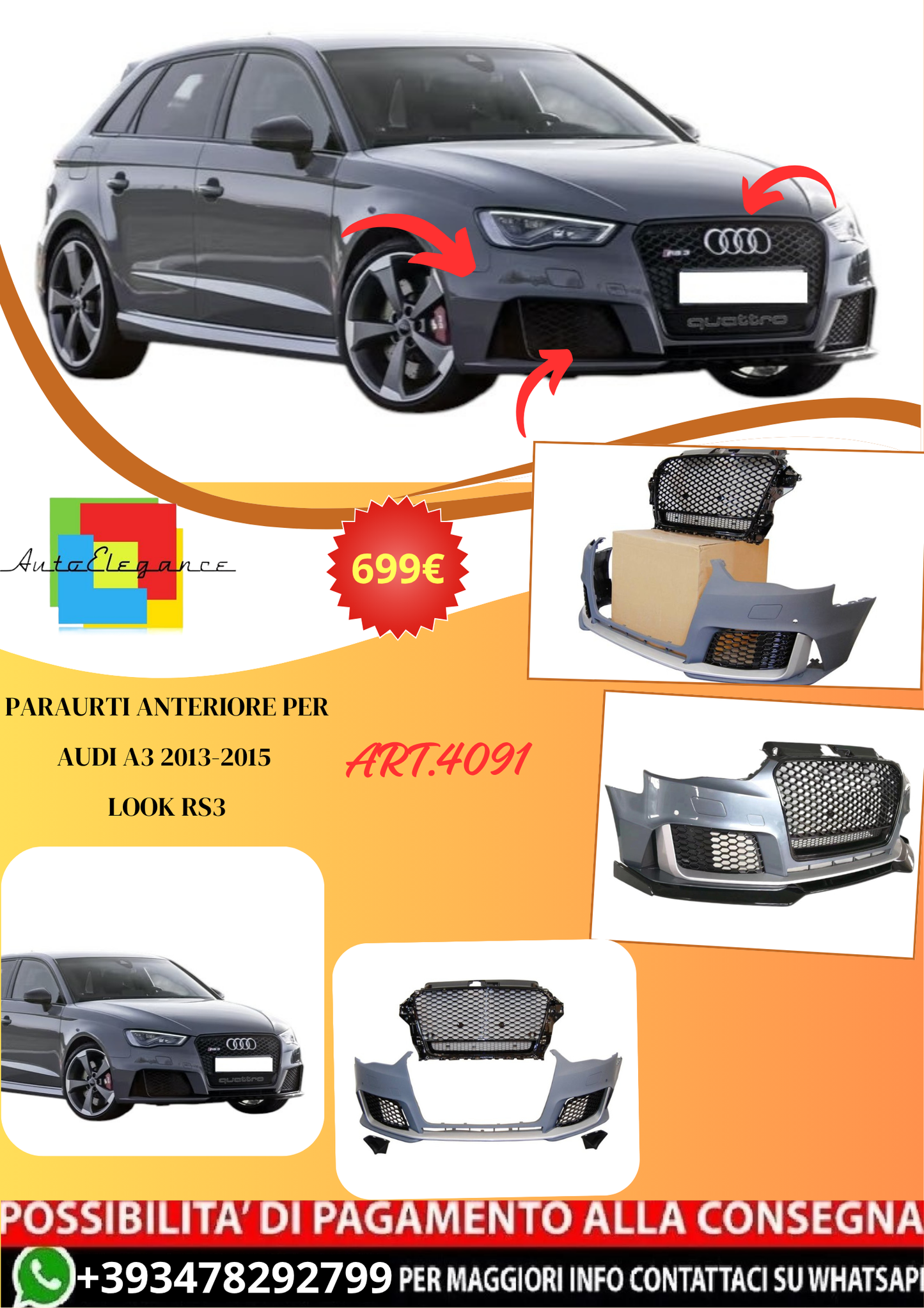 💫ART.4091 Paraurti Anteriore per Audi A3 2013-2015 Look RS3💫