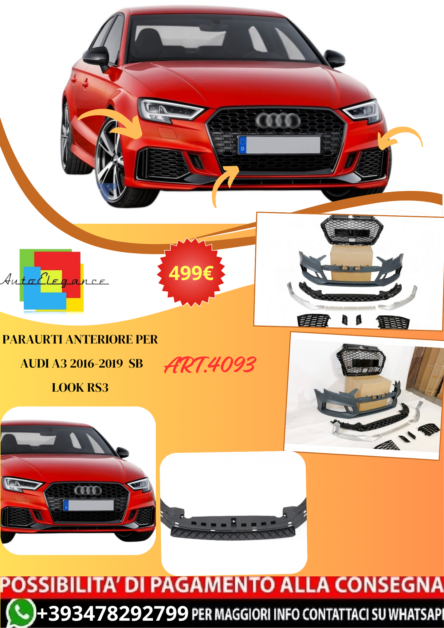 💫ART.4093 Paraurti Anteriore per Audi A3 2016-2019 Sportback Look RS3💫