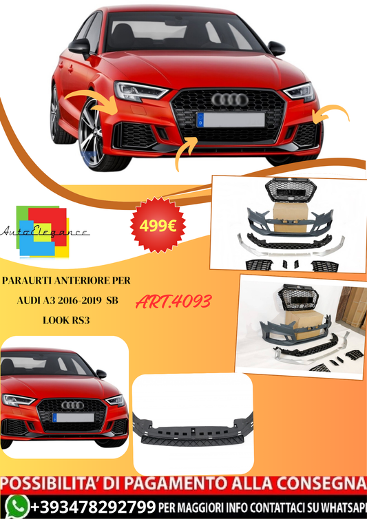 💫ART.4093 Paraurti Anteriore per Audi A3 2016-2019 Sportback Look RS3💫