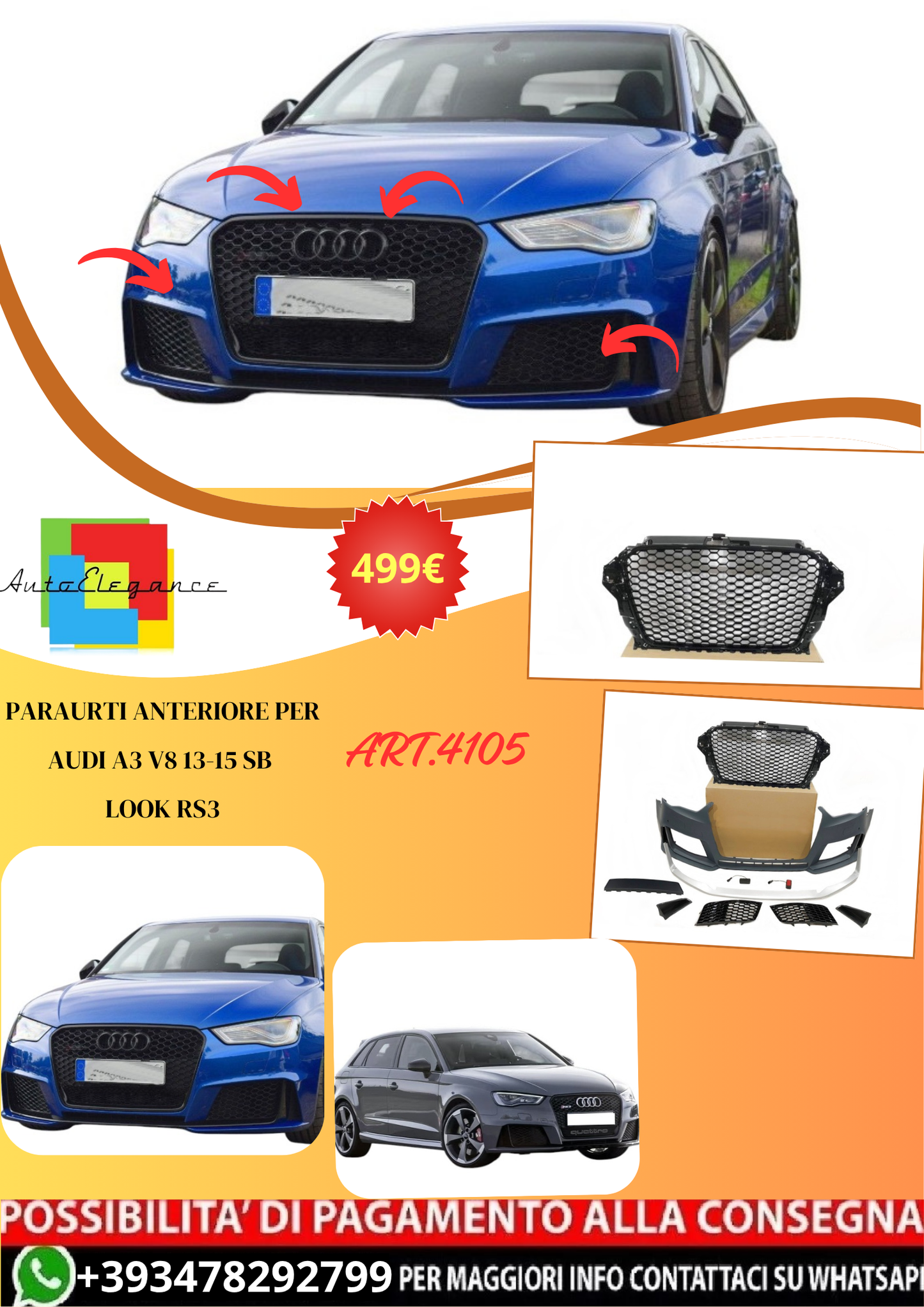 💫ART.4105 Paraurti Anteriori per Audi A3 V8 13-15 SB Look RS3💫
