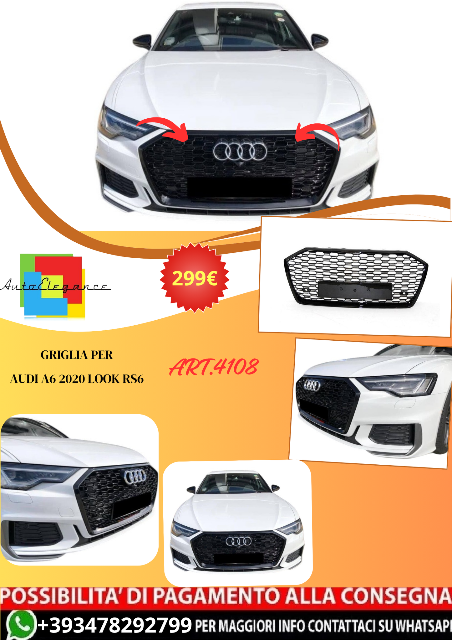 💫ART.4108 Griglia per AUDI A6 2020 Look RS6 Nero💫