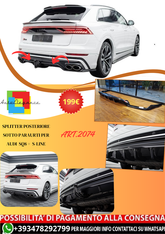 💫Art.2074 Splitter posteriore sotto paraurti audi sq8 + s-line nero lucido💫