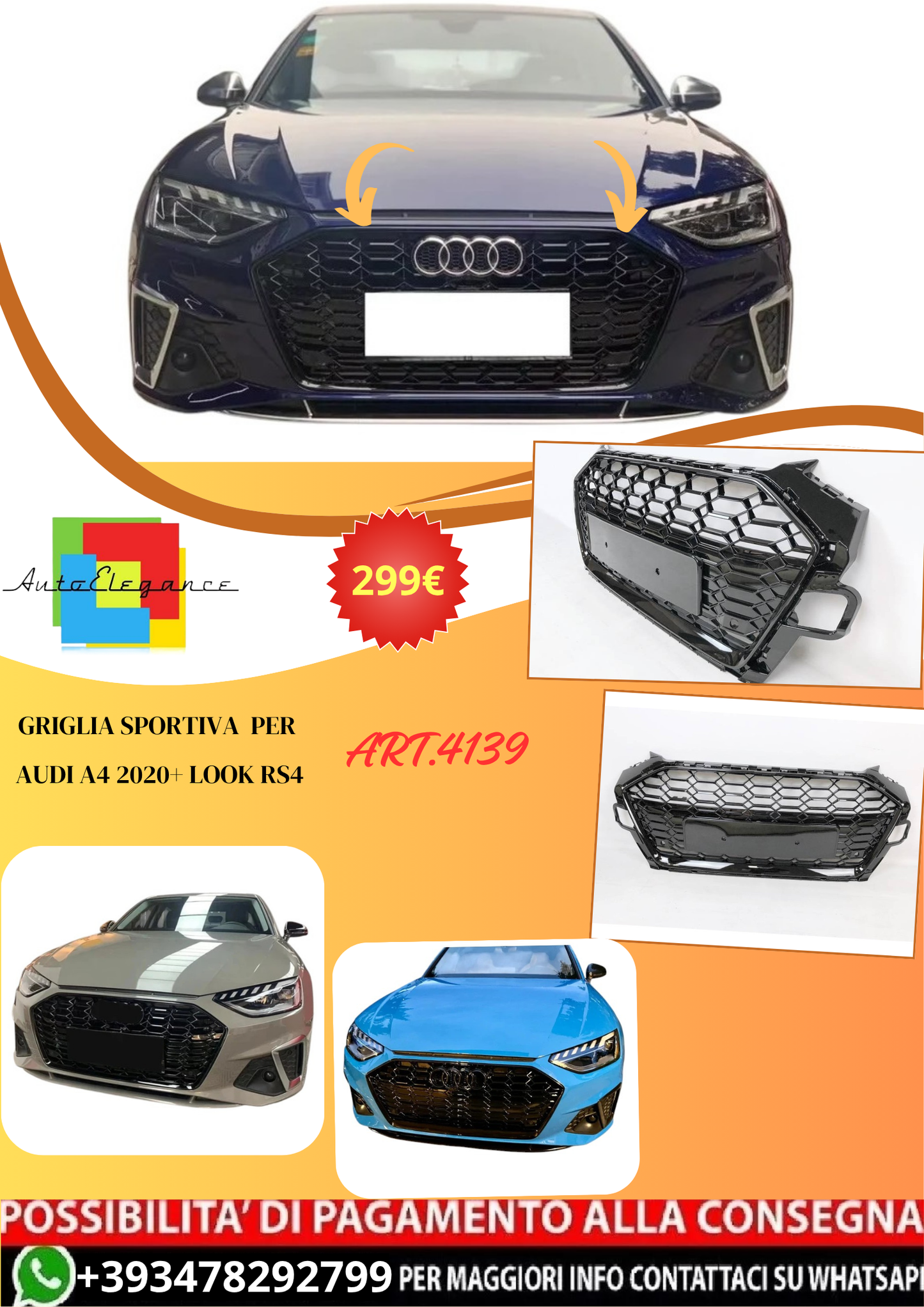 💫ART.4139 Griglia Sportiva per Audi A4 2020+ Look RS4💫