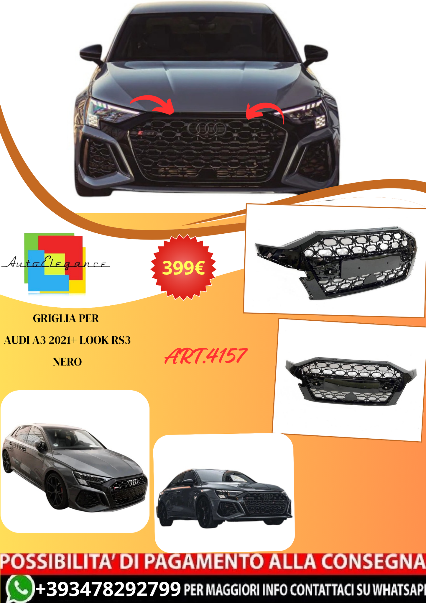 💫ART.4157 Griglia per Audi A3 2021+ Look RS3💫