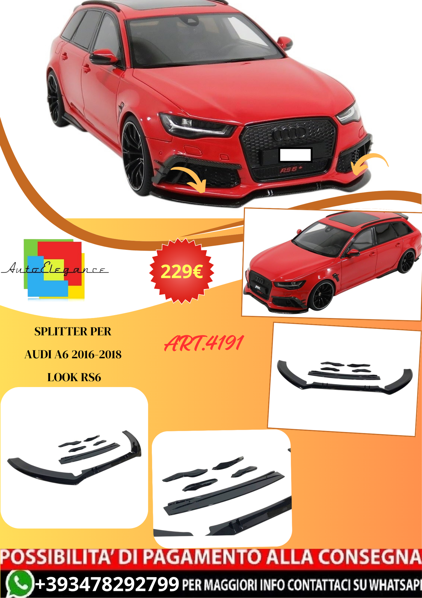 ART.4191 TCA0280 Splitter (Nero lucido) per Audi A6 2016-2018 look RS6