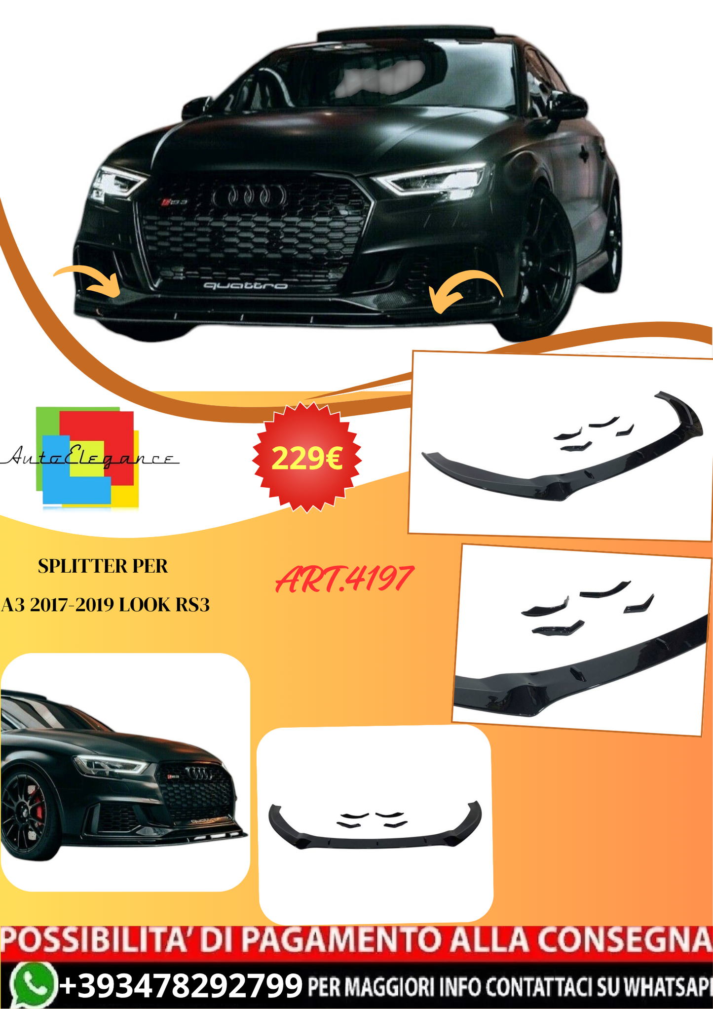 💫ART.4197 Splitter (Nero lucido) per Audi A3 2017-2019 look RS3💫