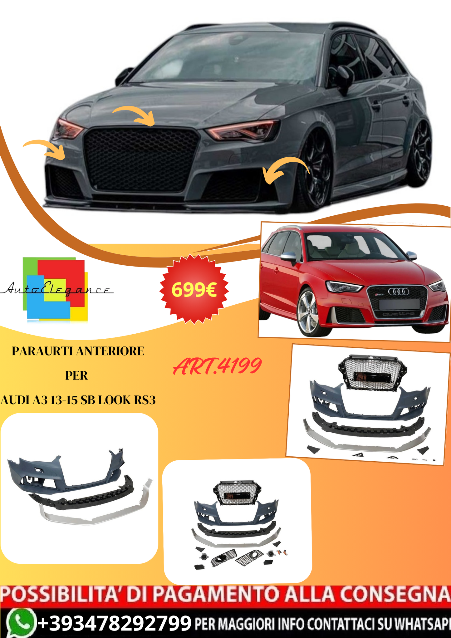 💫ART.4199 Paraurti Anteriori per Audi A3 V8 13-15 SB Look RS3💫