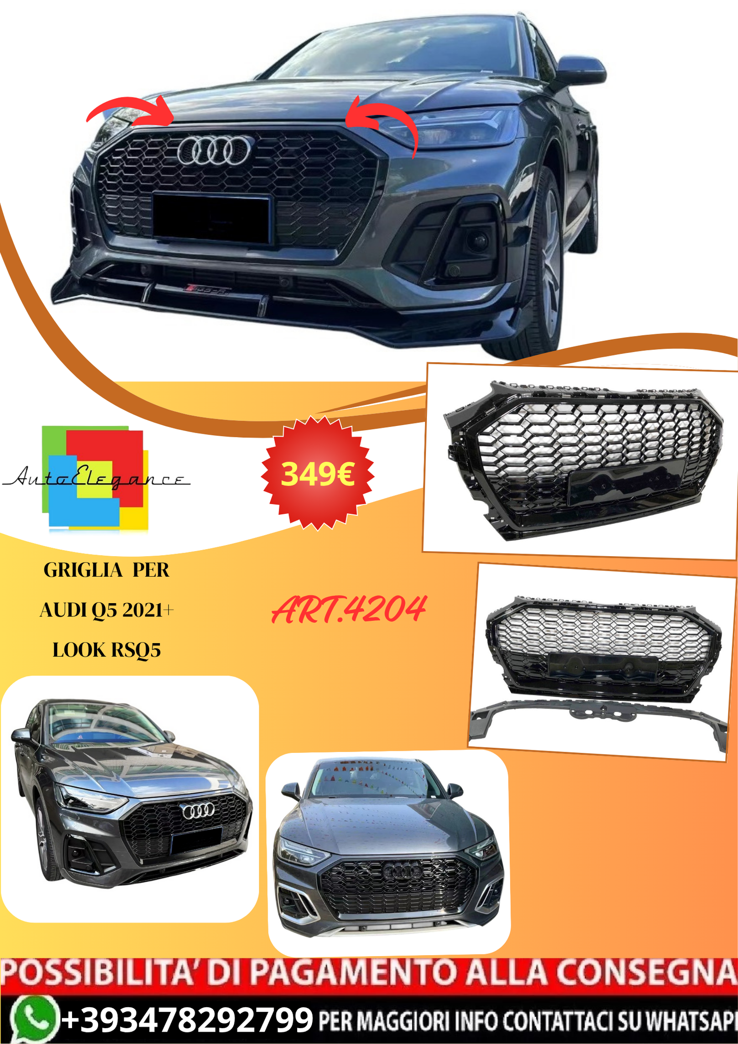 💫ART.4204 Griglia adatto per Audi Q5 2021+ Look RSQ5 Completamente Nero💫