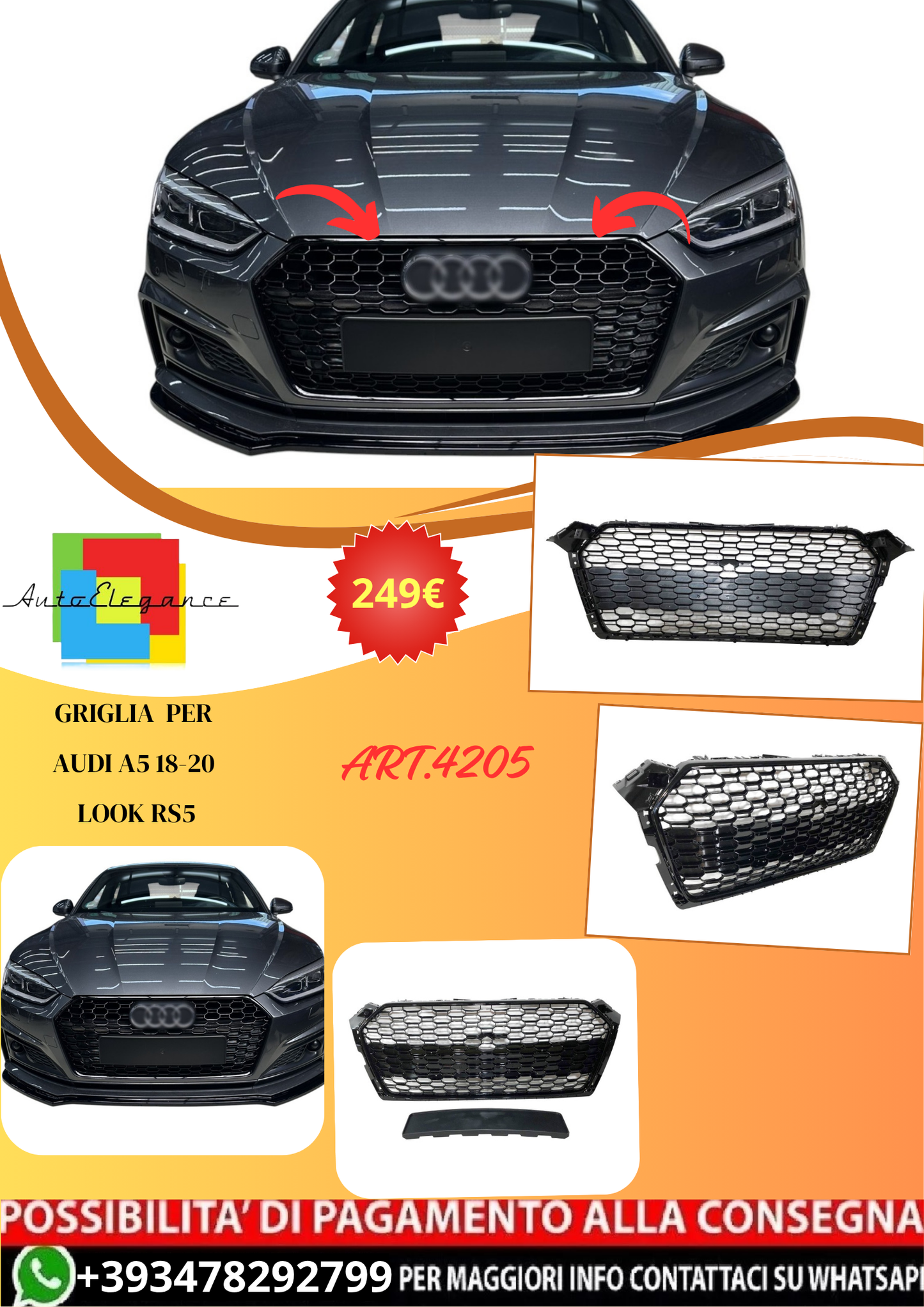 💫ART.4205 Griglia (Nero lucido) adatto per Audi A5 18-20 Look RS5 💫