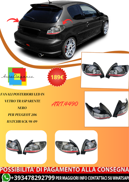 💫ART.4490 Fanali Posteriori in Vetro Trasparente Nero per Peugeot 206 98-09💫
